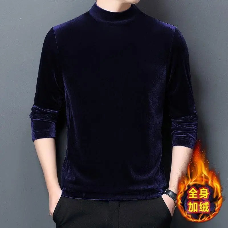 Men’s Velvet Half-Turtleneck Sweatshirt, Autumn Winter Printed Long Sleeve Pullover Top