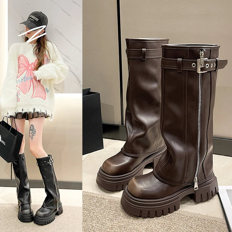 Women’s Winter Biker Boots Platform Knee-High Casual Belt Buckle Long Pipe Booties