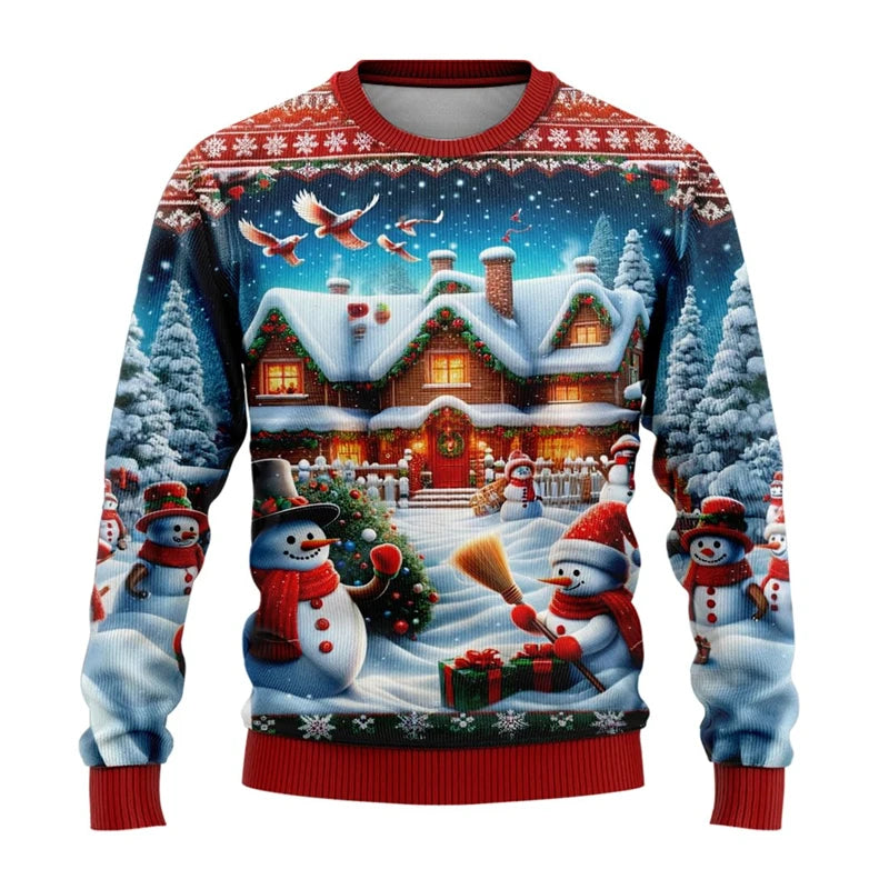 Unisex 3D Christmas Sweatshirt, Santa and Snowman Printed Ugly Holiday Pullover