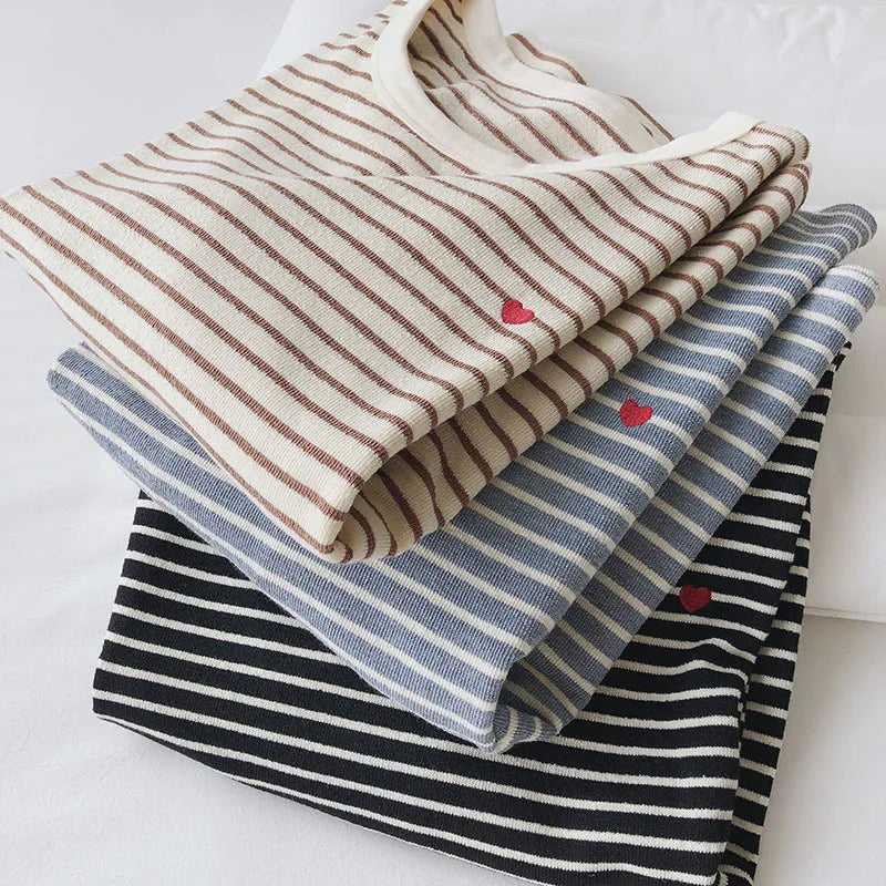 Women’s Autumn Sweatshirt, Loose Fit Long Sleeve Top with Love Embroidery Stripes