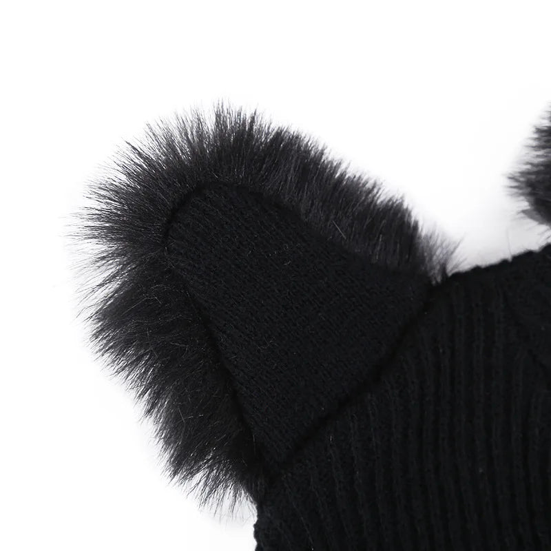 Women’s Wool Knit Cat Ear Hat with Faux Fur Pompom
