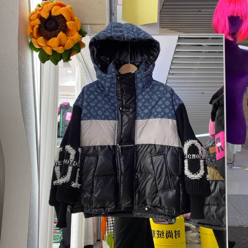 Women’s Oversized Retro Denim Splicing Down Jacket, Knitted Sleeves Thick Puffer Coat