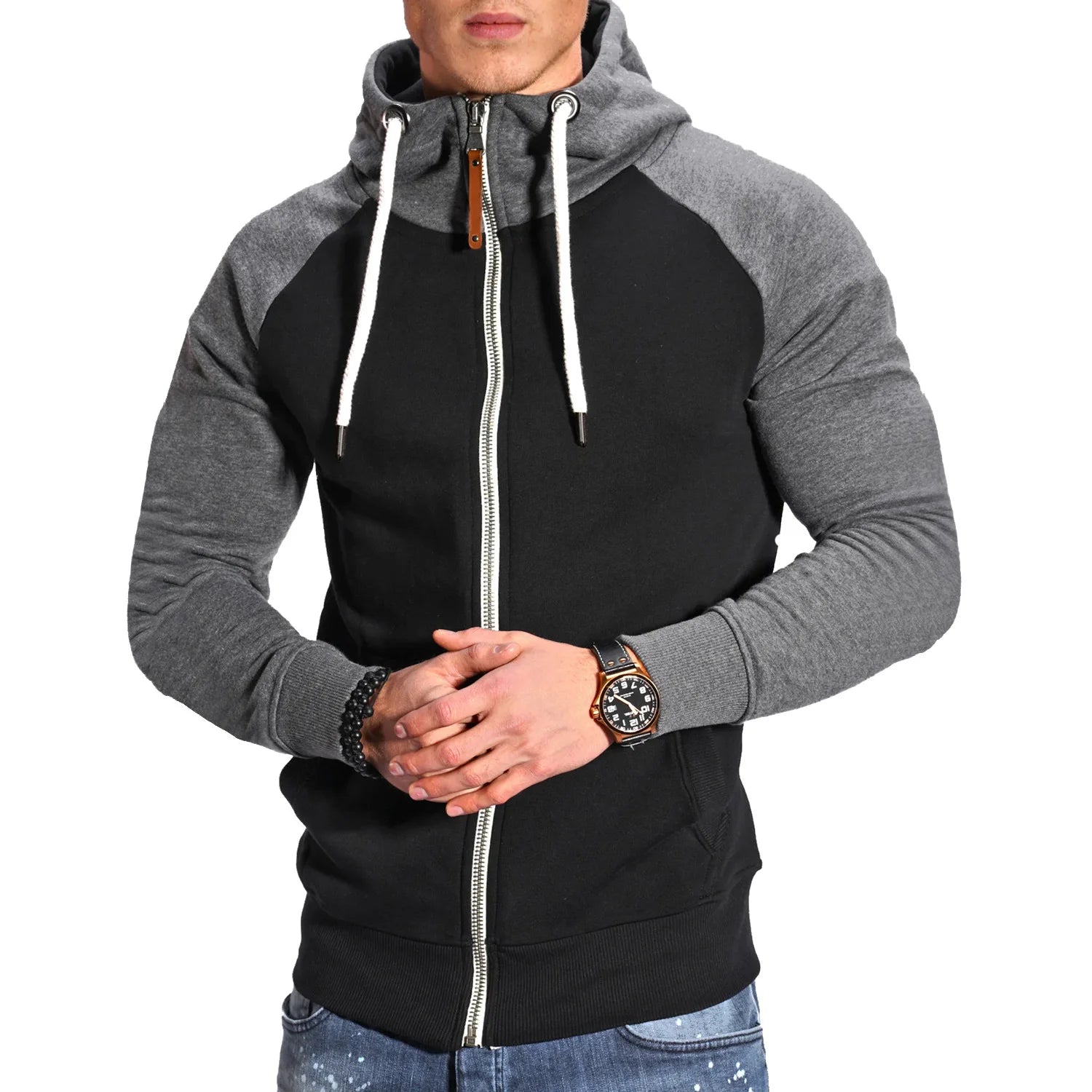 Men’s Hooded Zipper Sweatshirt, Long Sleeve Pullover High Neck Jacket Coat Black