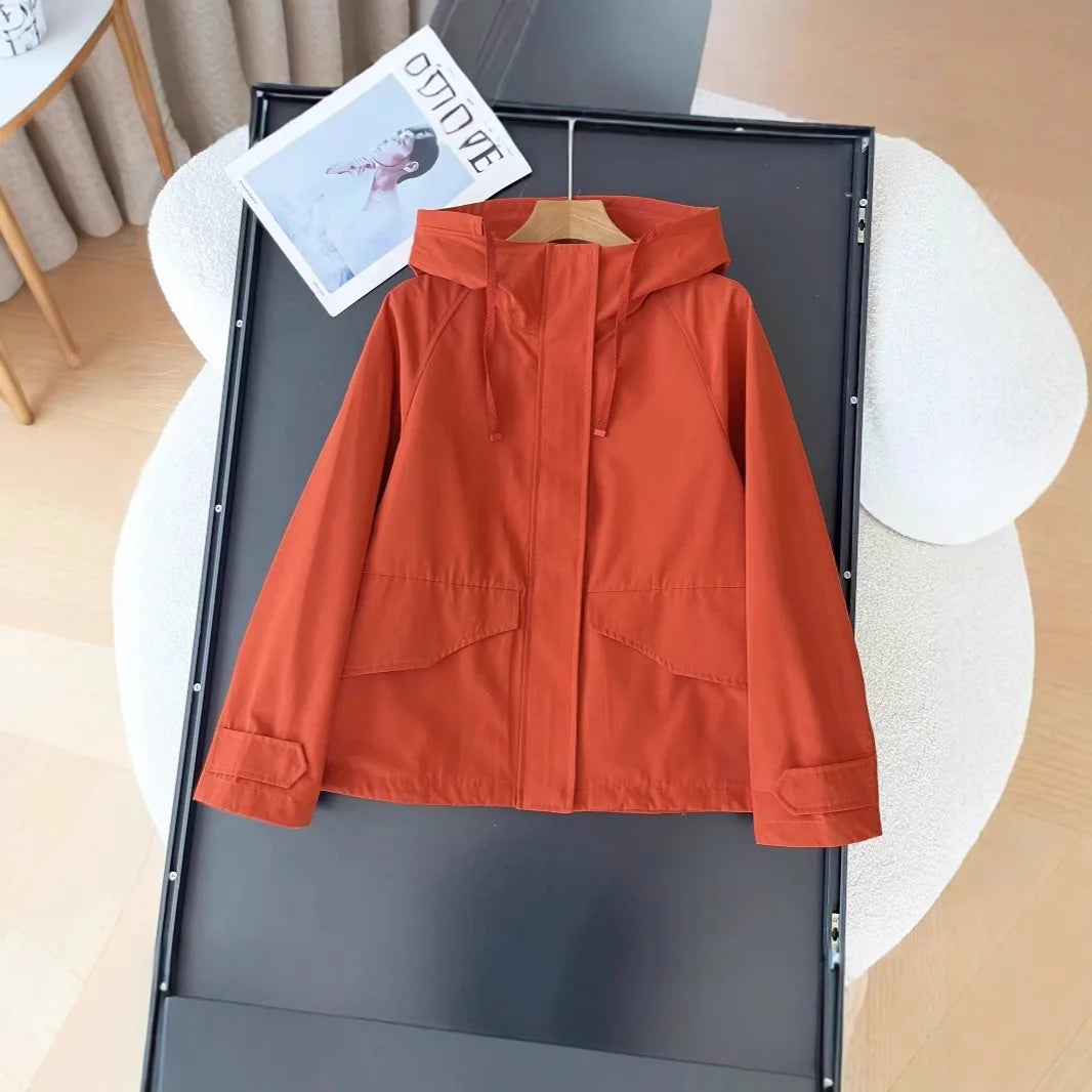 Women’s Red Hooded Jacket, Casual Windproof Waterproof Coat for 2025