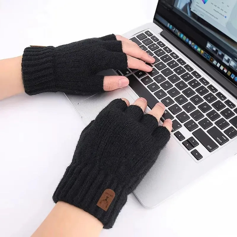 Winter Half-Finger Gloves for Men – Warm Knitted Driving & Cycling