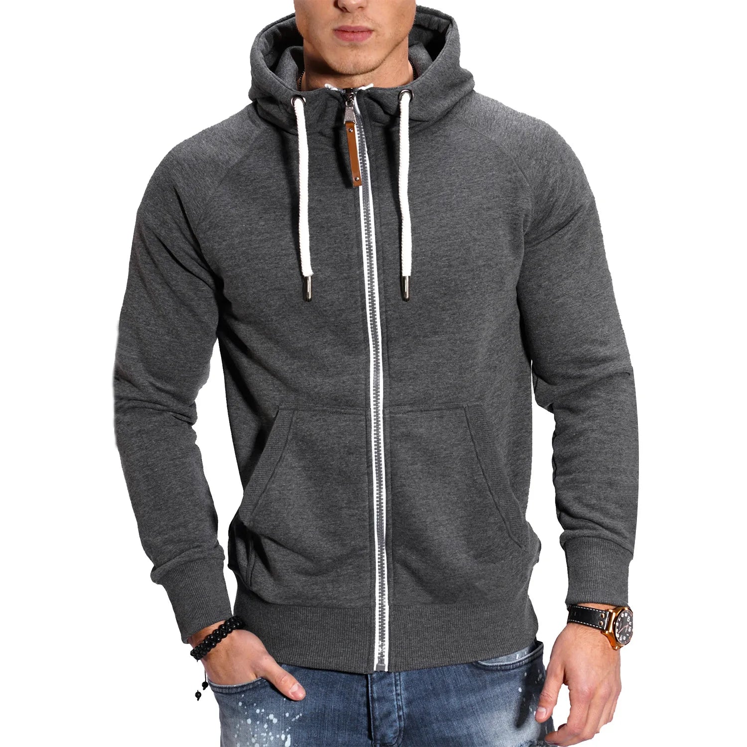 Men’s Hooded Zipper Sweatshirt, Long Sleeve Pullover High Neck Jacket Coat Black