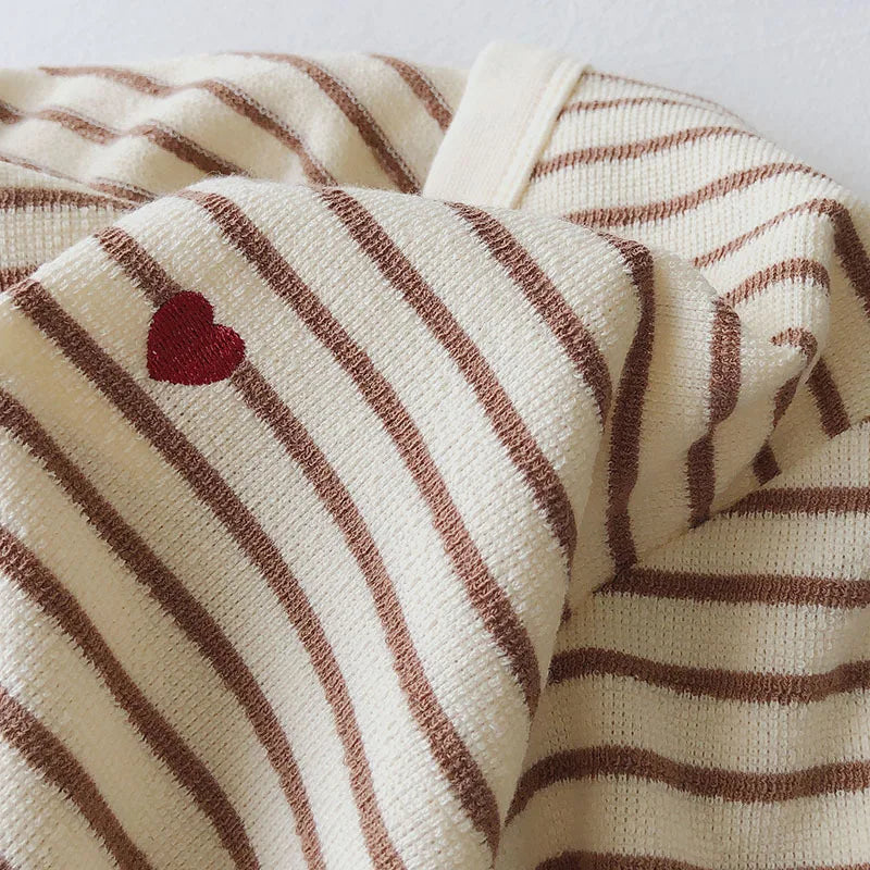 Women’s Autumn Sweatshirt, Loose Fit Long Sleeve Top with Love Embroidery Stripes