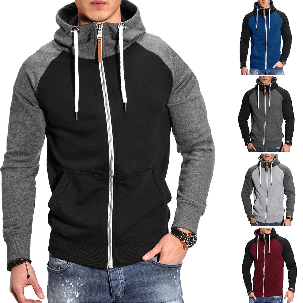 Men’s Hooded Zipper Sweatshirt, Long Sleeve Pullover High Neck Jacket Coat Black