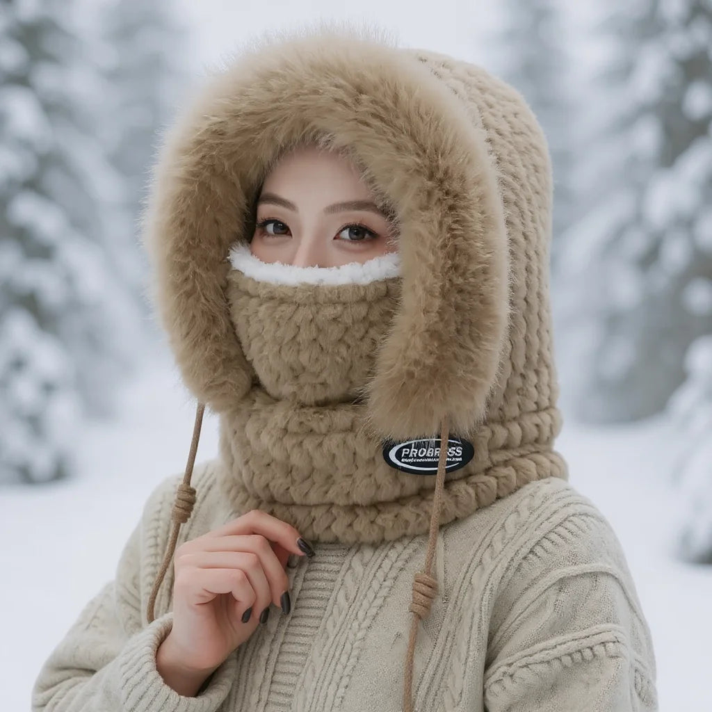 Women’s Winter Plush Hat with Hood, Scarf & Ear Protection