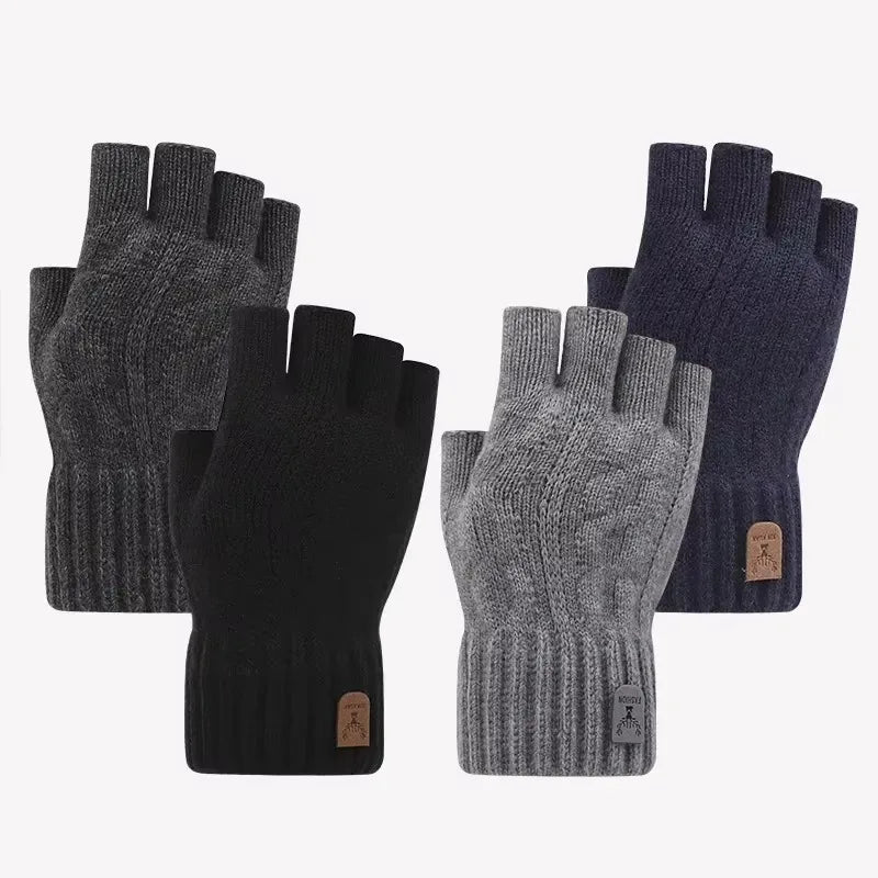 Winter Half-Finger Gloves for Men – Warm Knitted Driving & Cycling