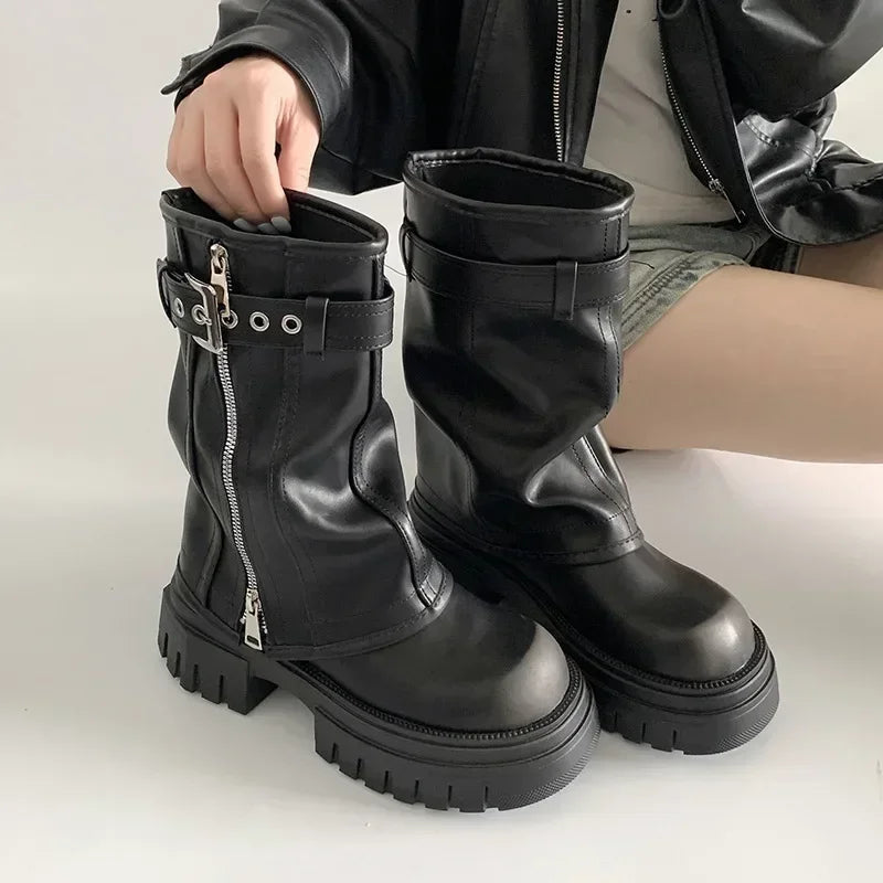 Women’s Winter Biker Boots Platform Knee-High Casual Belt Buckle Long Pipe Booties