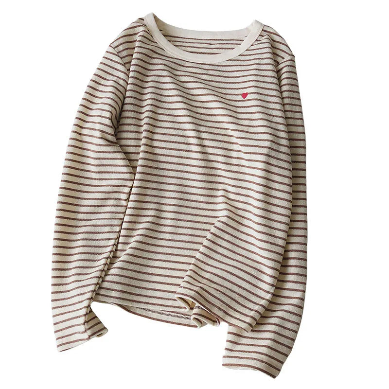Women’s Autumn Sweatshirt, Loose Fit Long Sleeve Top with Love Embroidery Stripes