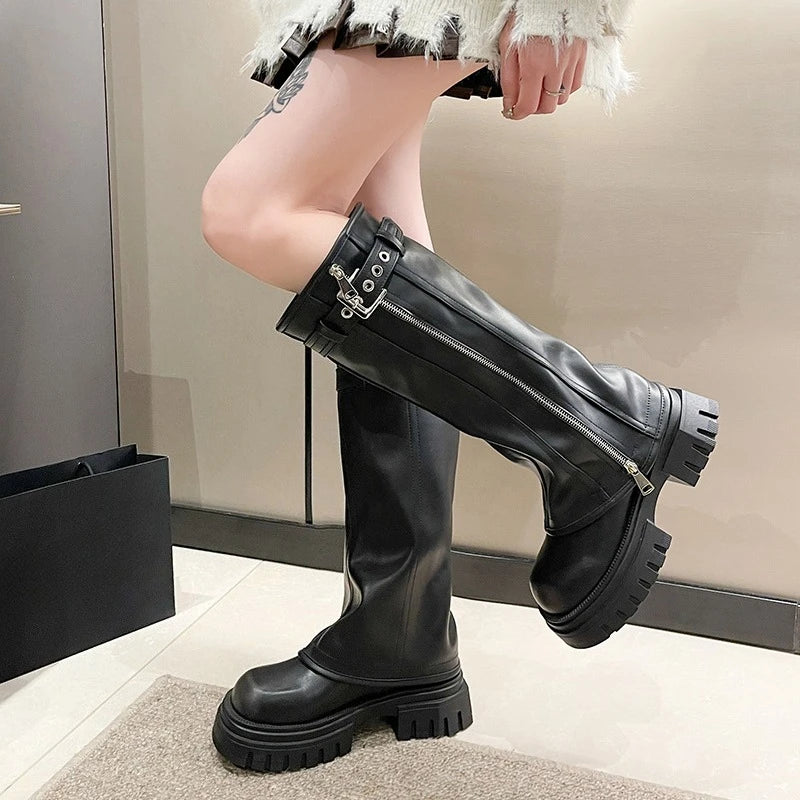 Women’s Winter Biker Boots Platform Knee-High Casual Belt Buckle Long Pipe Booties