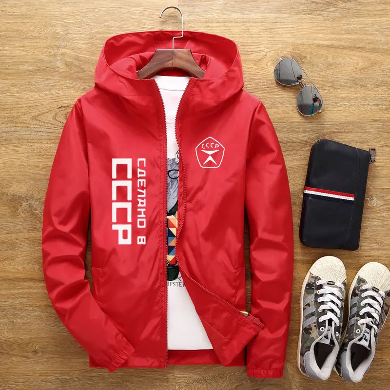 Men’s USSR KGB Bomber Jacket Hooded Casual Windbreaker Spring Autumn