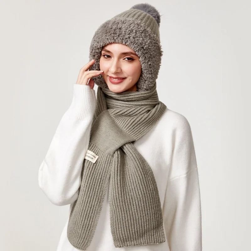 Women’s Winter Hat with Long Scarf – Fleece-Lined Warmth
