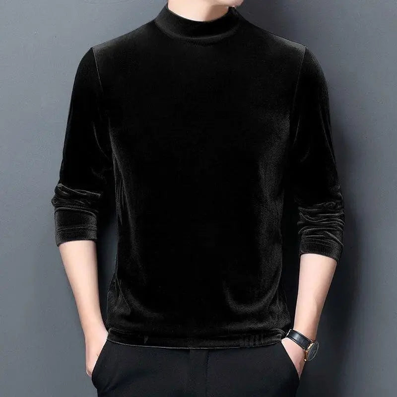 Men’s Velvet Half-Turtleneck Sweatshirt, Autumn Winter Printed Long Sleeve Pullover Top
