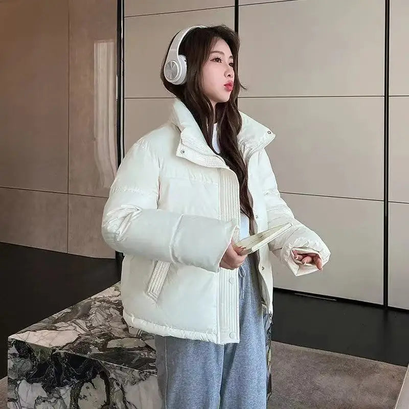 Women’s Short Winter Puffer Jacket, Stand Collar Parka Coat with Zipper