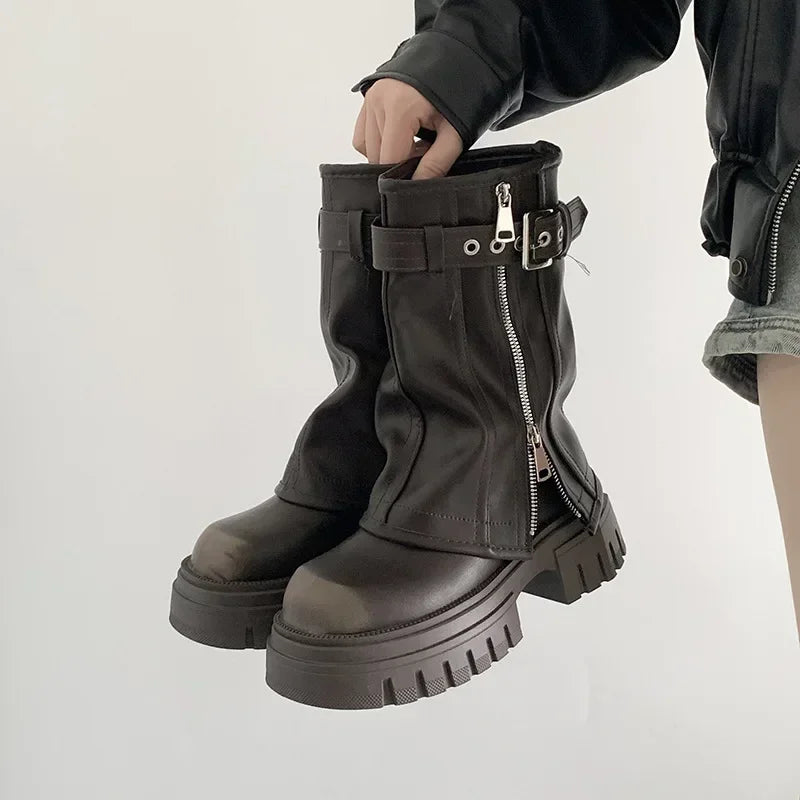 Women’s Winter Biker Boots Platform Knee-High Casual Belt Buckle Long Pipe Booties