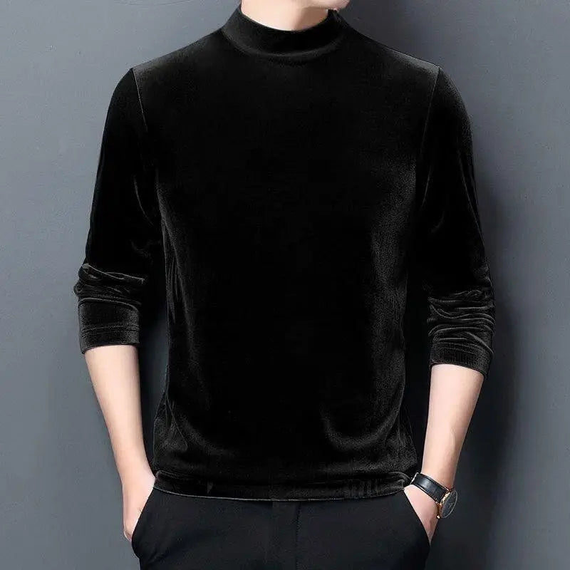 Men’s Velvet Half-Turtleneck Sweatshirt, Autumn Winter Printed Long Sleeve Pullover Top