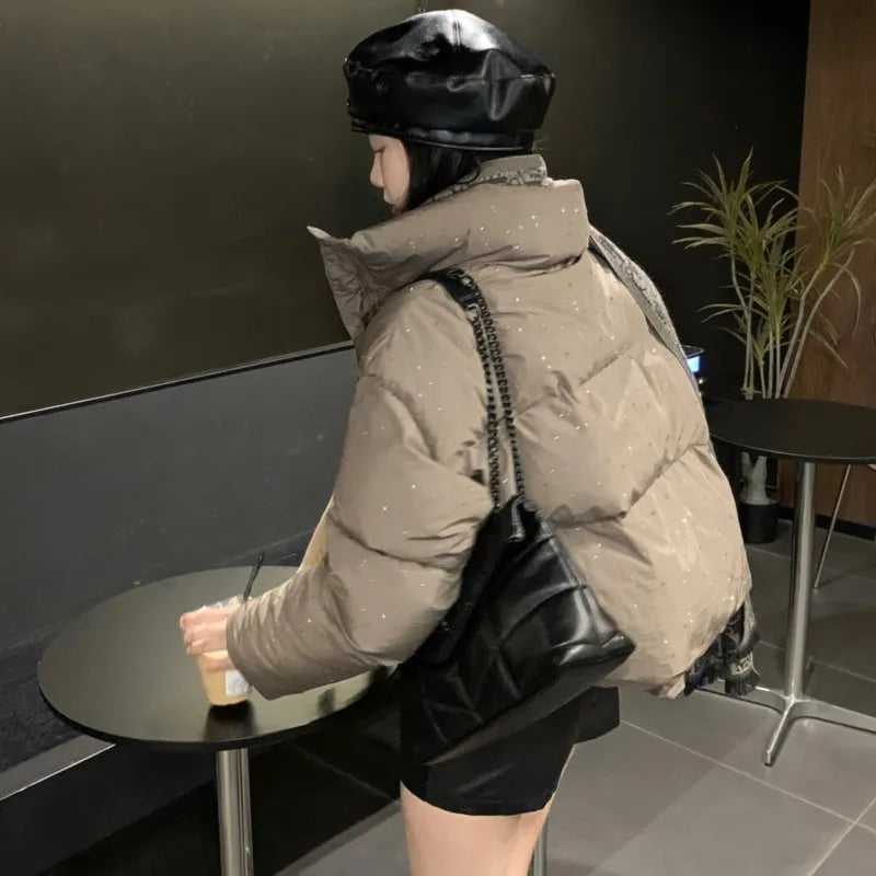 Women’s Chic Short Puffer Jacket, Stand Collar Parka Coat for Autumn Winter