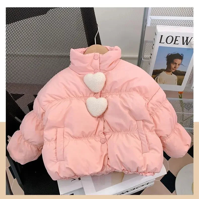 Girls’ Short Quilted Puffer Jacket, Stand Collar Winter Coat for Kids