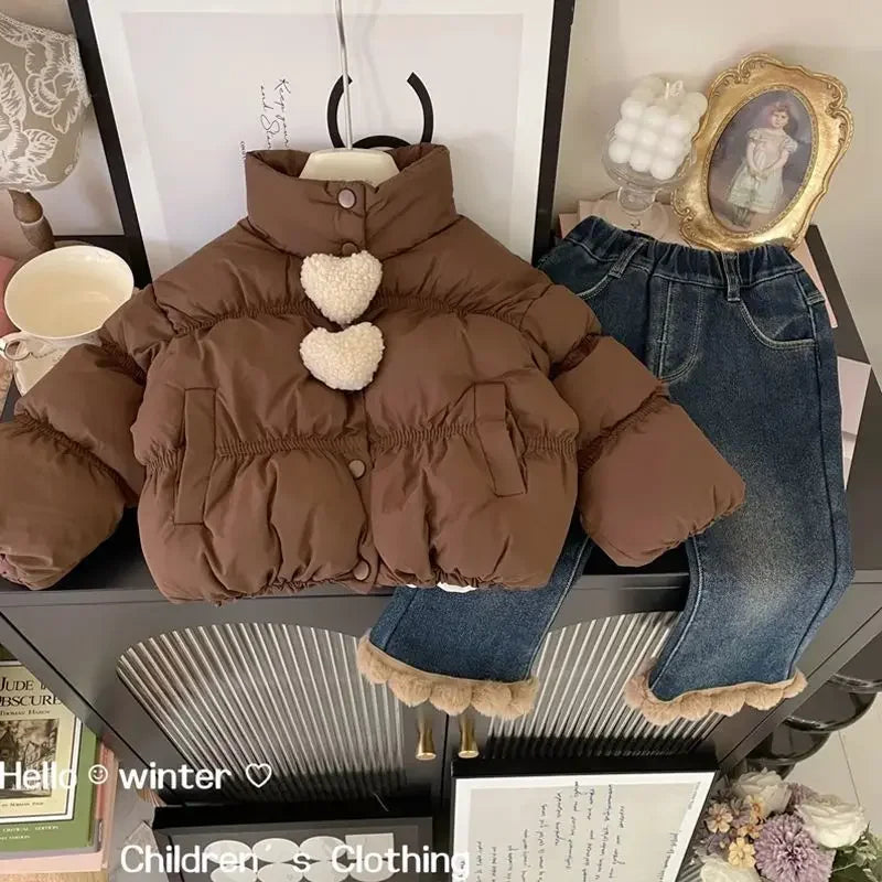 Girls’ Short Quilted Puffer Jacket, Stand Collar Winter Coat for Kids