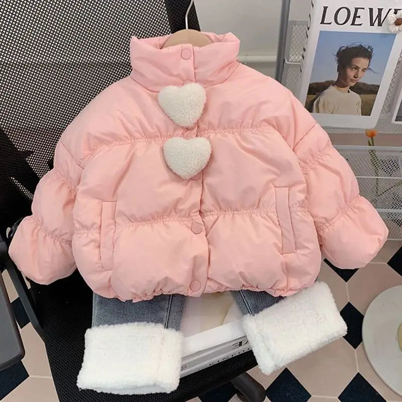 Girls’ Short Quilted Puffer Jacket, Stand Collar Winter Coat for Kids