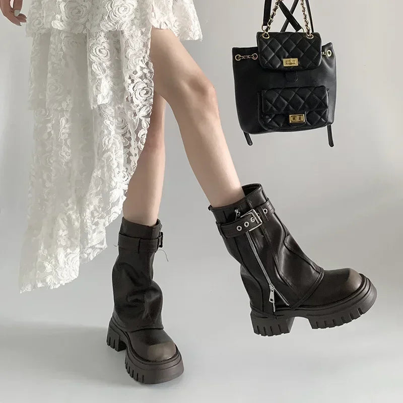 Women’s Winter Biker Boots Platform Knee-High Casual Belt Buckle Long Pipe Booties