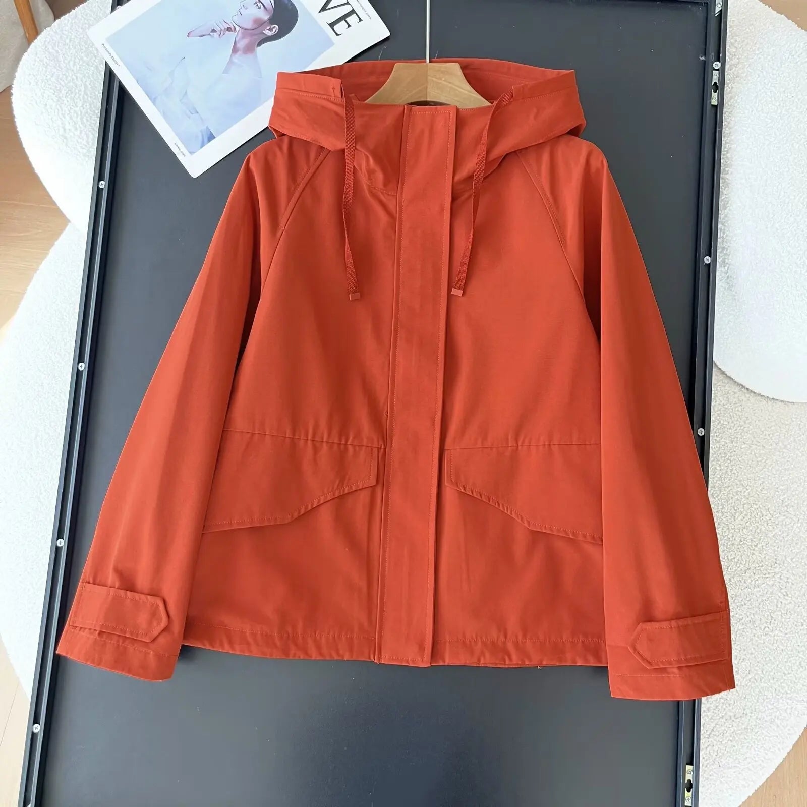 Women’s Red Hooded Jacket, Casual Windproof Waterproof Coat for 2025