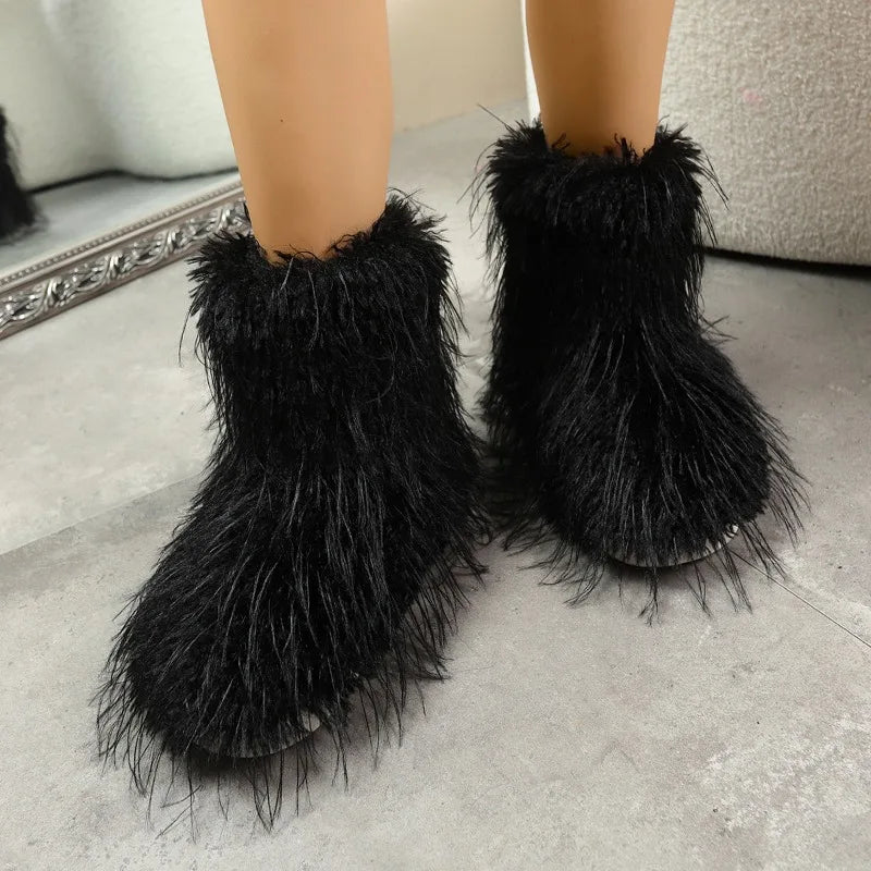 Women’s Winter Mid-Calf Snow Boots, Warm Fleece-Lined Faux Wool Cold-Proof Shoes