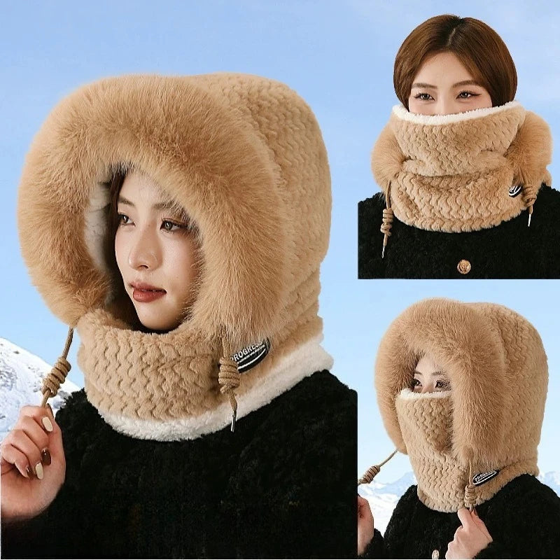 Women’s Winter Plush Hat with Hood, Scarf & Ear Protection